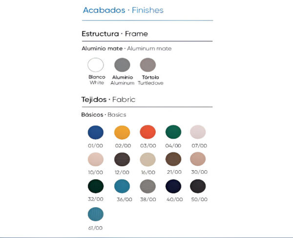 Colores disponibles en la estructura y el tejido de la tumbona Olimpia S.