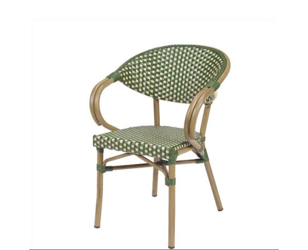 Sillón Indonesia con estructura color bambú y acabado trenzado en verde-crema