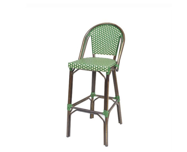 Taburete Toulouse con estructura deco nogal y asiento y respaldo textilene verde-crema